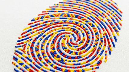 Close up macro view of a fingerprint pattern created from colorful red blue and yellow seed beads on a white fabric background symbolizing unique identity and biometric security.