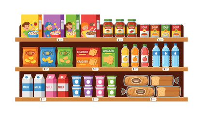 Supermarket shelves full of grocery products cartoon illustration