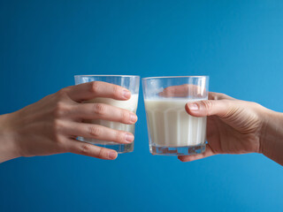 Two people toasting with glasses of milk against blue background