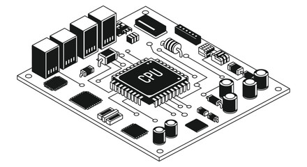 A detailed illustration of a computer circuit board with components presented in a striking black silhouette high quality professional modern elegant
