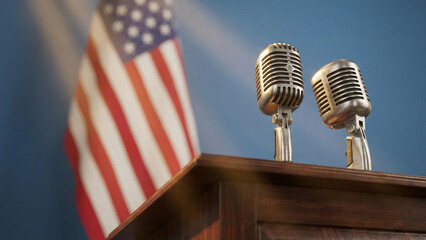 Two vintage silver microphones on a wooden podium stand against a blurred American flag background symbolizing a political speech, election campaign, or presidential address.
