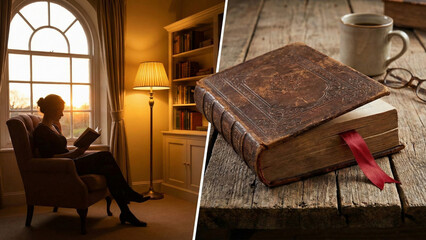 Conceptual collage showing a woman reading a book in a cozy armchair by a window at sunset and a close up of an antique leather Bible or book on a rustic wooden table.