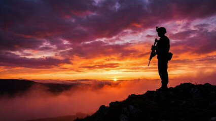 Silhouette of military soldier standing on mountain peak at sunset
