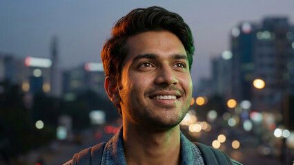 Close up portrait of a handsome happy young Indian man smiling looking away with blurred city night lights background symbolizing hope and ambition.
