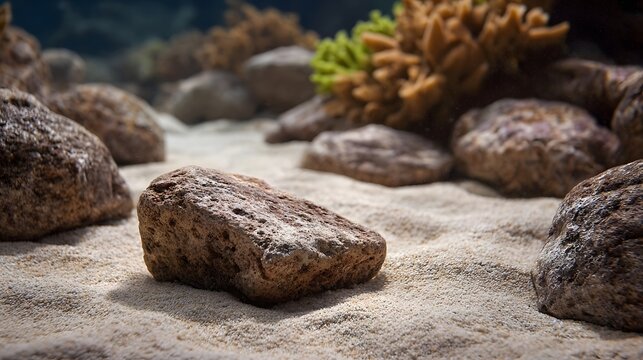 Textured rocks and sand on the ocean floor with blurred coral formations in the background