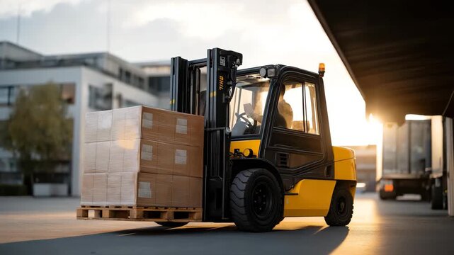 A realistic distribution moment shows a forklift loading boxes into a transport truck, emphasizing teamwork, safety standards, and cargo management. cinematic color correction, natural uneven