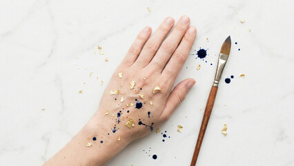 Artist hand covered in gold leaf and ink splatters with paintbrush