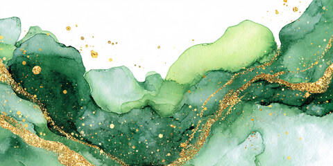 Abstract background with green paint stains. Gold spots. Watercolor paint stains and streaks.