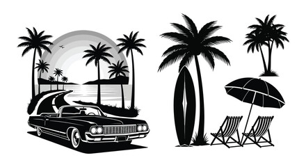 Fototapeta premium A vintage car drives towards a tropical beach scene with palm trees and a setting sun a striking silhouette high quality