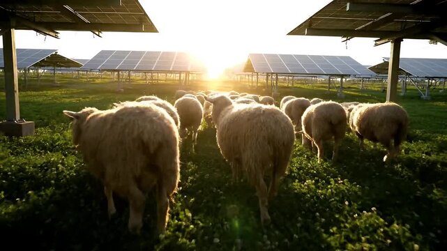 Grazing Sheep Under Solar Panels in Golden Sunset