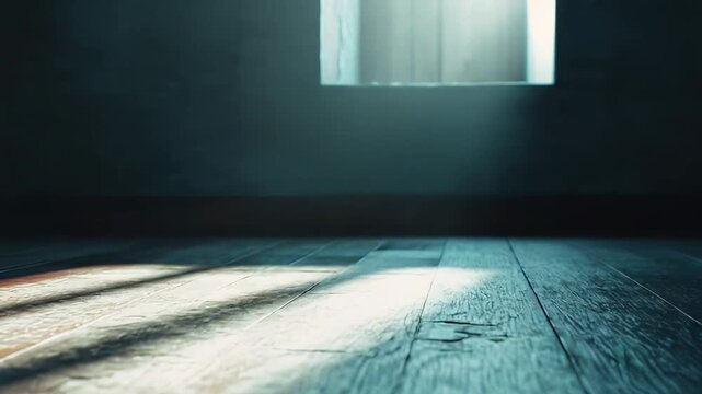 Sunlight patterns providing a dramatic contrast between bright light and deep shadows on a rustic wooden floor, creating an atmosphere of hope, solitude, and new beginnings in a dark, empty room