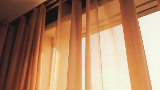 Beige sheer curtains gently filtering warm sunlight, creating a soft, ethereal atmosphere and a gradient of colors from warm brown to bright yellow, evoking a feeling of calm and comfort