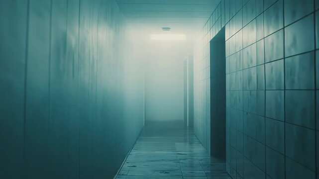 Long, narrow, and dark hospital corridor featuring an intense light at the end, creating a mysterious and unsettling atmosphere, symbolizing fear, uncertainty, and the unknown ahead