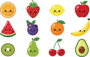 Cute kawaii fruit characters set, orange strawberry lemon apple banana kiwi avocado cherry watermelon, smiling food illustration, kids design