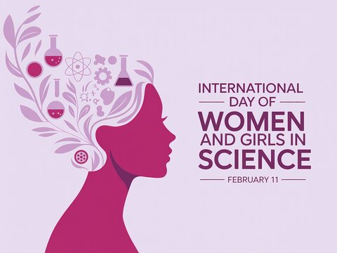 International day of women and girls in science celebration poster with silhouette and science symbols