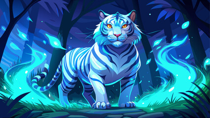 White tiger walking in a blue forest art © sumona