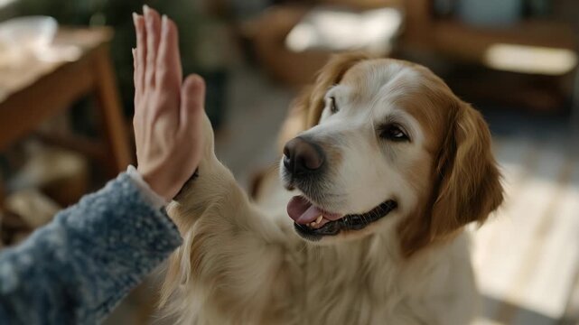 A positive clinic atmosphere shows a happy dog interacting naturally with the vet doctor, lifting a paw for a high five to build trust and reduce anxiety. cinematic color correction, natural uneven
