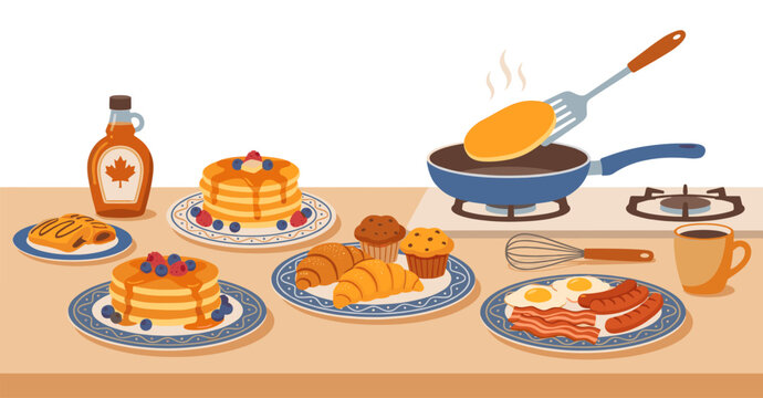 Breakfast food spread with pancakes and maple syrup