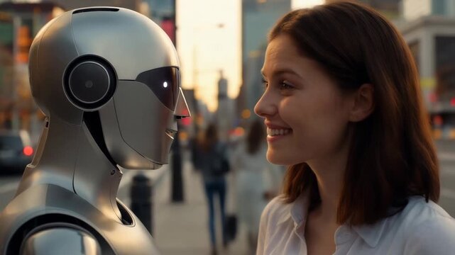 Woman smiling at humanoid robot on city street