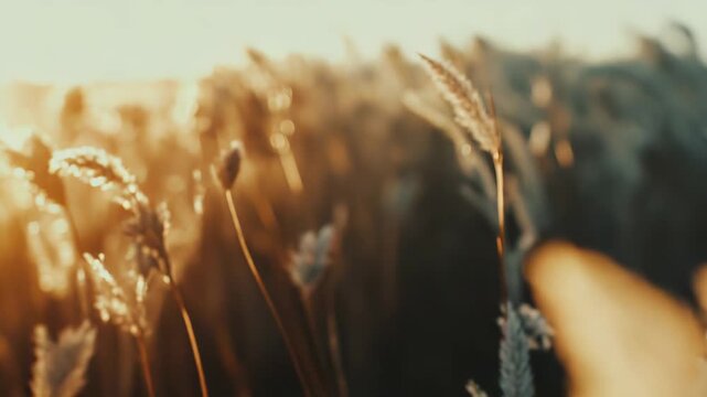 Pampas grass plumes sway in warm golden hour light, feathery stalks glowing softly against a dreamy bokeh background, evoking serene, ethereal outdoor tranquility