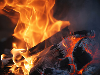 Vibrant campfire flames burning brightly with orange embers