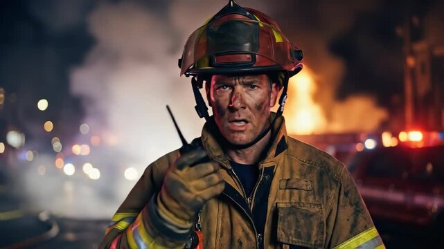 Dedicated firefighter communicates on radio during intense night fire emergency, frontline hero provides critical service for safety and rescue.