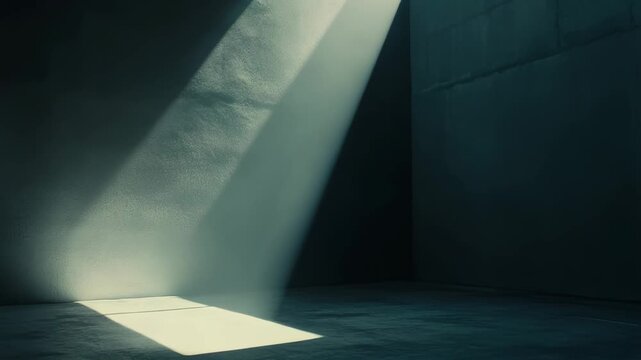 Sunlight breaking through a narrow opening, creating a strong ray of light across the textured dark wall and illuminating a square patch on the concrete floor in an empty room