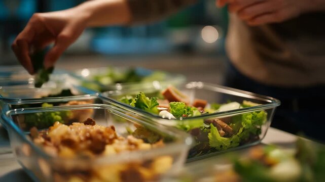 Hands preparing lunch with careful portion sizing, placing ingredients into labeled containers to maintain food control and balanced diet goals. cinematic color correction, natural uneven lighting