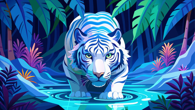 White tiger walking through jungle water