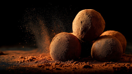 Luxury chocolate truffles dusted with cocoa powder, black background, dramatic lighting