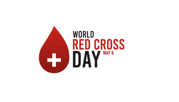 A logo for World Red Cross Day on May 8th with a red blood drop