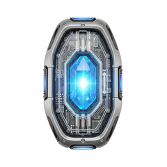 Top-down view of a futuristic sci-fi handheld device with glowing blue crystal core and metallic circuitry