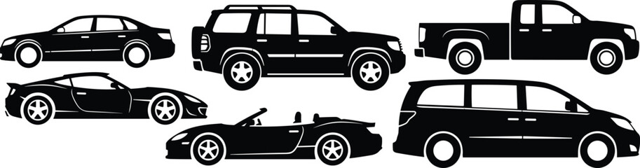 Vehicle silhouettes, car types, sedan icon, SUV shape, pickup truck, sports car, convertible, minivan, automotive design, black vector © Saiful Islam