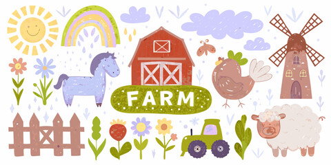 A colorful illustration depicting a cheerful farm scene with animals and structures
