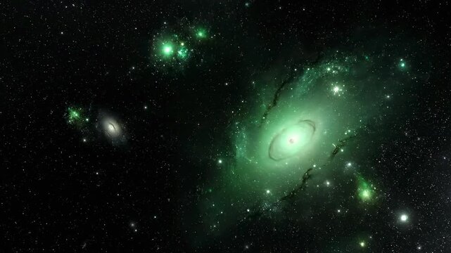 Subtle cinematic pan across the dark empty void of space featuring faint clusters of distant galaxies glowing with ethereal green light abstract, gravity, deep space