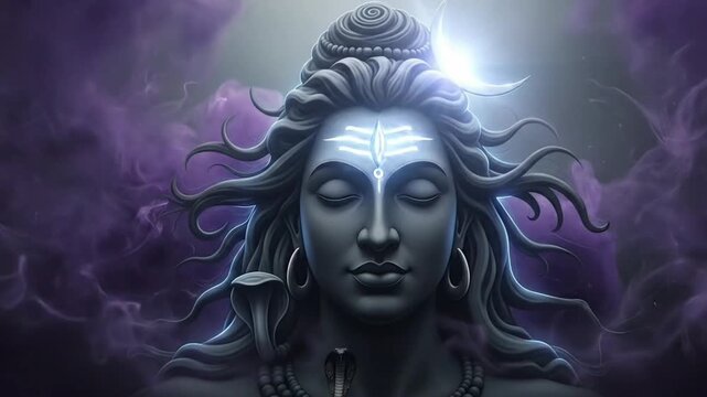 Animated serene Shiva face emerging in soft motion with glowing edges and calm spiritual atmosphere forming devotional Maha Shivratri themed video footage