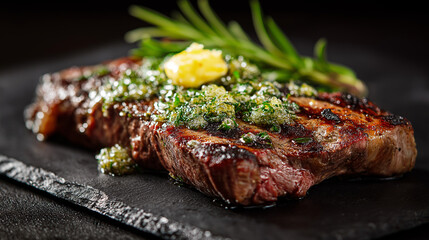 Juicy gourmet steak presented in a dark premium style.