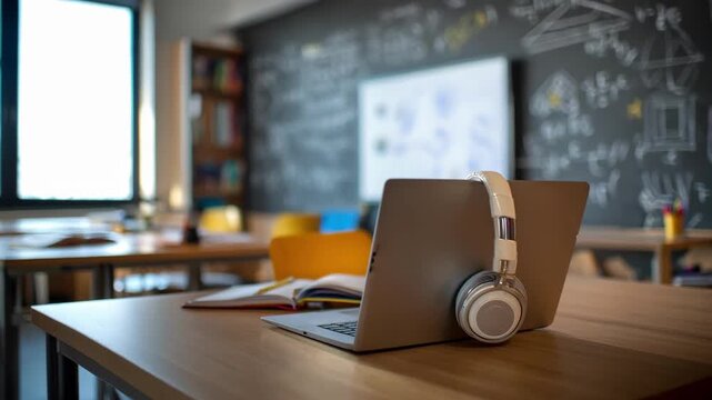 Medium shot of an online tutoring station with a laptop and headset the blurred whiteboard behind illustrating geometry shapes for math lessons