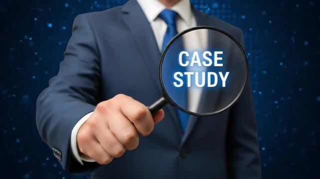 Businessman examines case study text through magnifying glass on digital blue background with bokeh lights