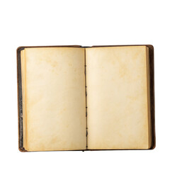 Open vintage book with blank yellowed or brown pages isolated on a transparent background.