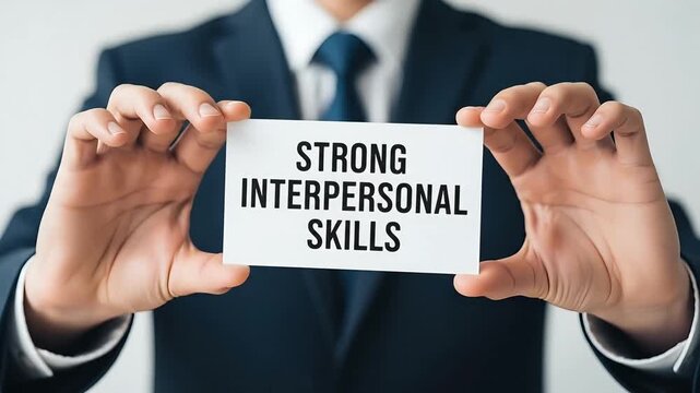 Businessman holding card displaying strong interpersonal skills concept for career development and teamwork