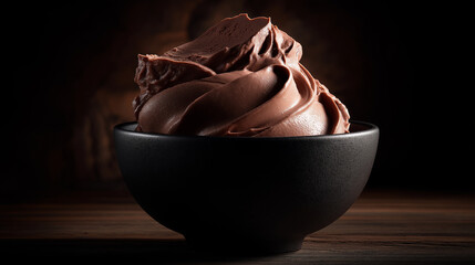 Premium chocolate mousse styled with dark cinematic elegance.