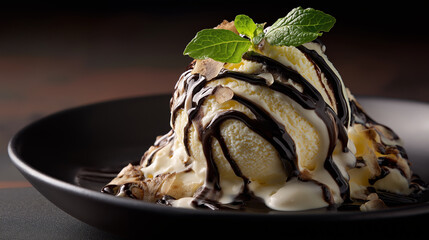 Premium ice cream dessert with moody low-key lighting.