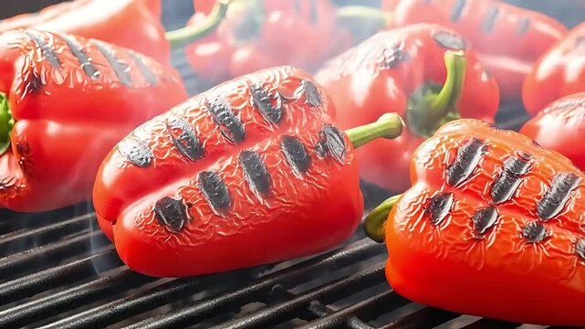 Close up of red bell peppers grilling on a barbecue with char marks and smoke rising creating a delicious smoky aroma culinary projects and food