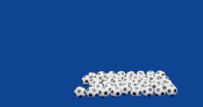 Multiple soccer balls forming rising motion concept on blue screen concept rain 3d render animation loop infinity