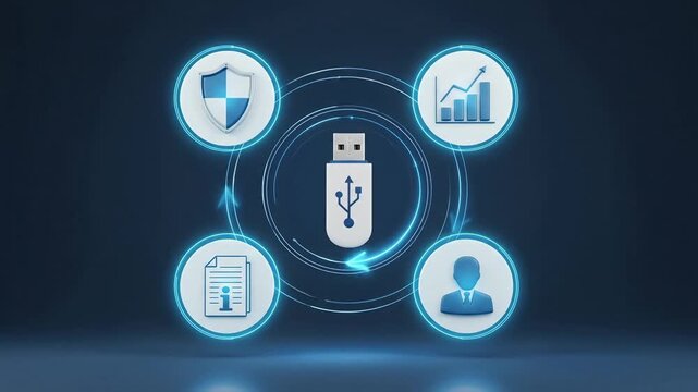 Digital data security and analytics workflow with USB drive shield chart and user animated loop