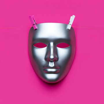 Silver metallic minimalist abstract face mask with blank expression and geometric eye cutouts isolated on bright background