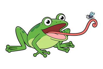Fototapeta premium Cartoon frog catching a fly with its tongue