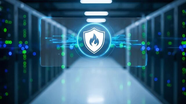 Futuristic digital shield with flame symbol activated by a finger touch in a server room data center cybersecurity concept