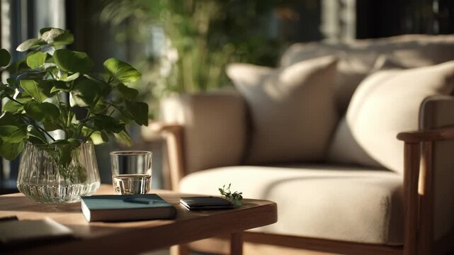 Medium shot of a cozy living room with a desk neatly arranged for a oneonone tutoring session soft evening light highlighting study materials in clear focus.